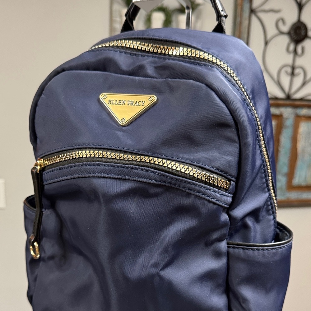 Ellen Tracy Navy Nylon Backpack with Gold Hardware EUC - Picture 4 of 17